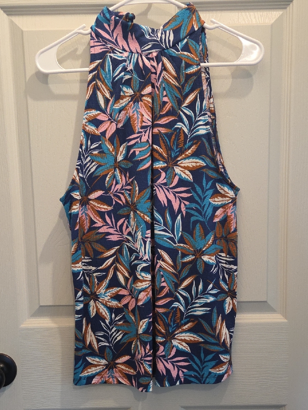 3/$10 Fred David Navy Tropical Halter Jumpsuit with Pink & Teal Leaf Print